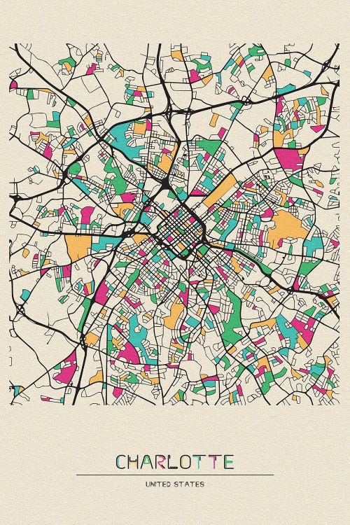 Charlotte, North Carolina Map by Ayse Deniz Akerman wall art