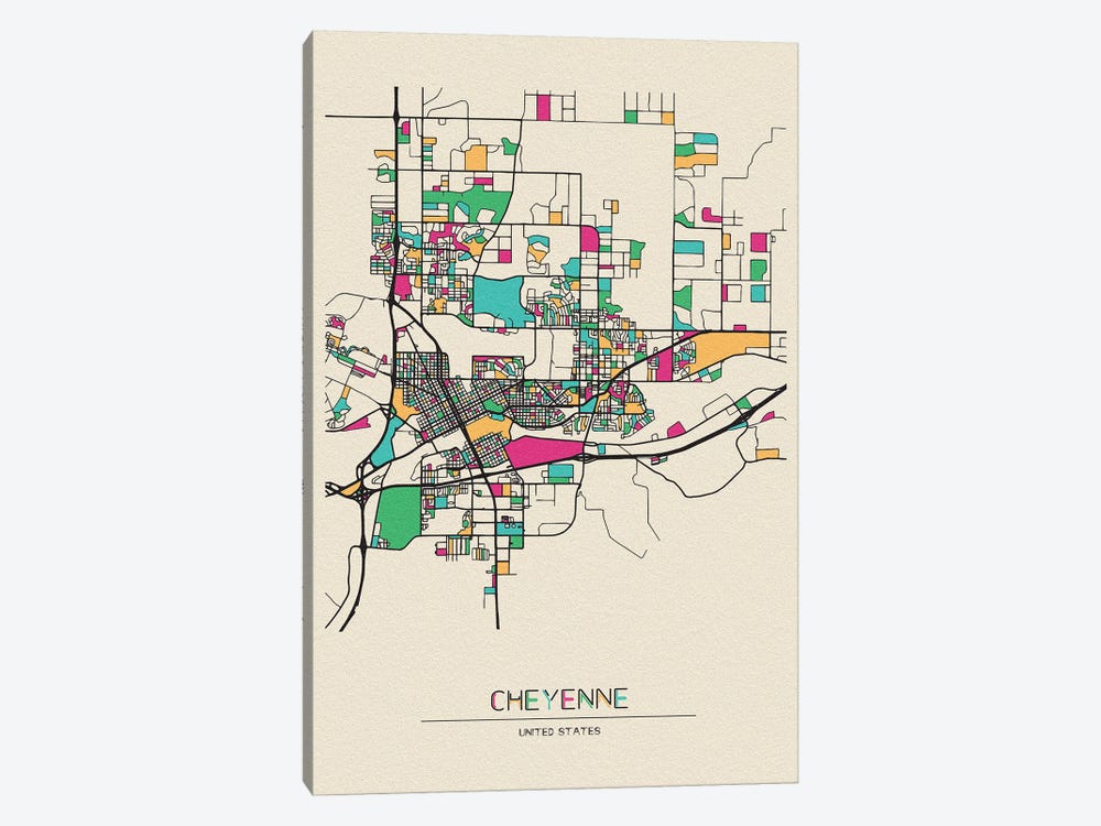 Cheyenne, Wyoming Map by Ayse Deniz Akerman 1-piece Canvas Art