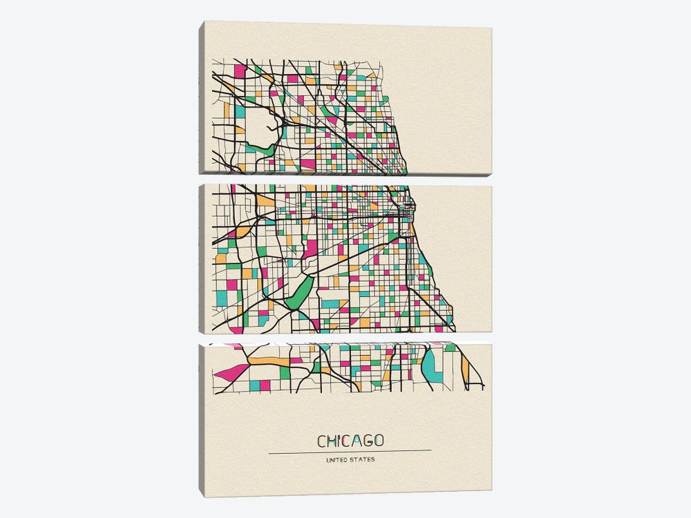 Chicago, Illinois Map by Ayse Deniz Akerman 3-piece Canvas Art Print