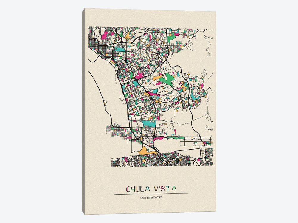 Chula Vista, California Map by Ayse Deniz Akerman 1-piece Canvas Wall Art
