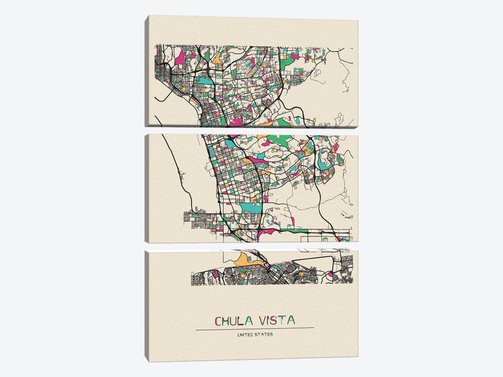 Chula Vista, California Map by Ayse Deniz Akerman 3-piece Canvas Artwork