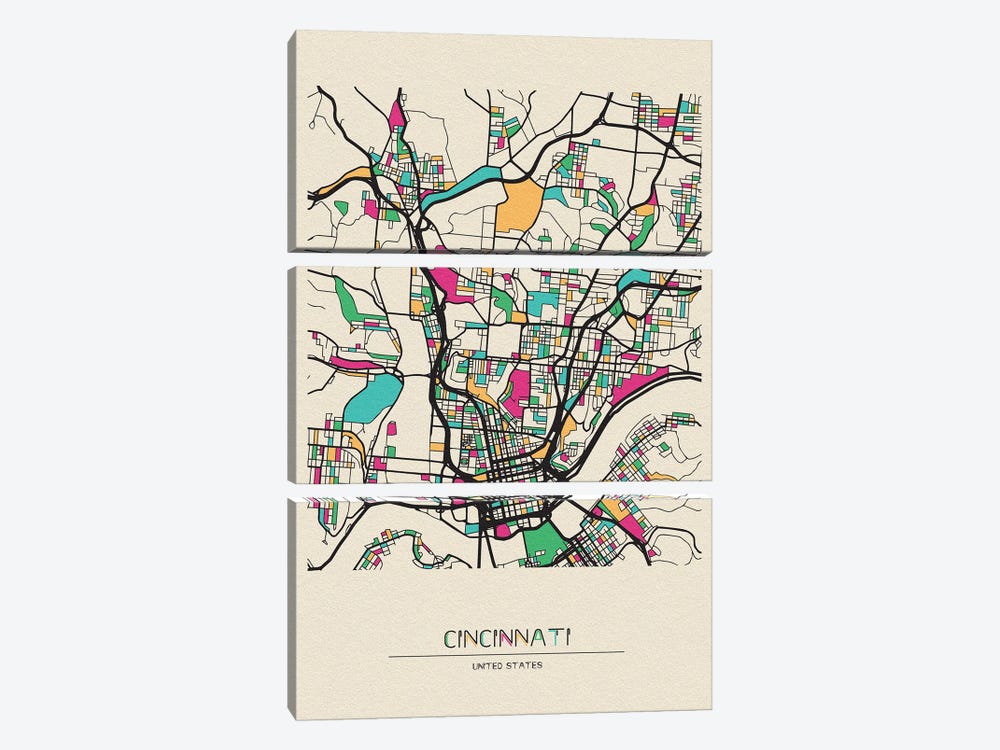 Cincinnati, Ohio Map by Ayse Deniz Akerman 3-piece Canvas Art Print