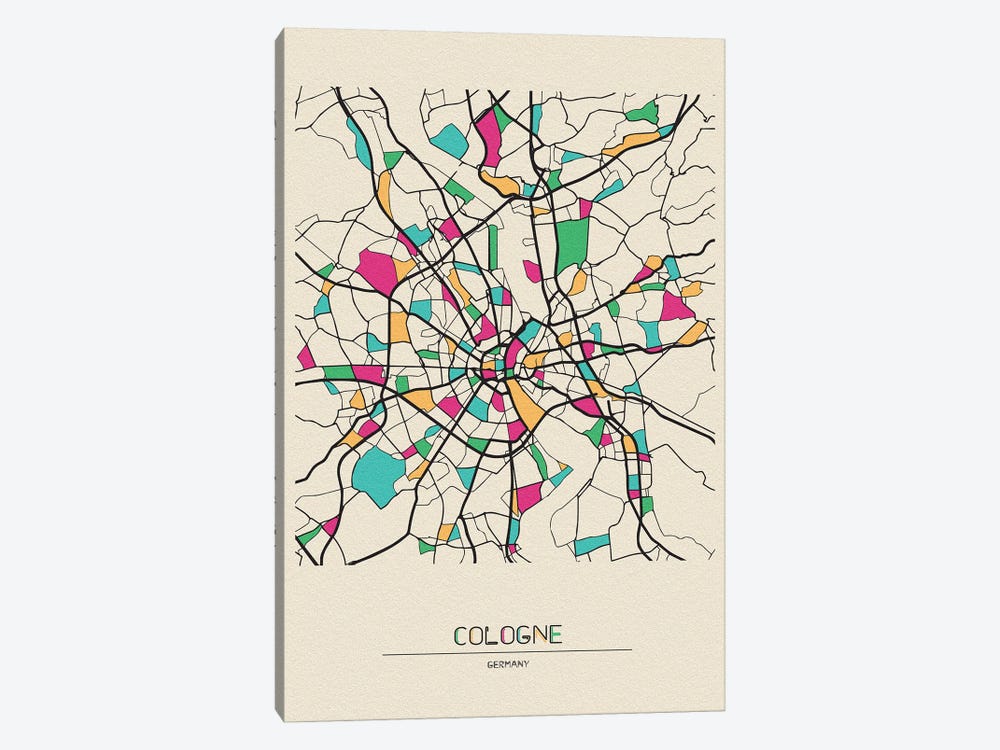 Cologne, Germany Map by Ayse Deniz Akerman 1-piece Canvas Print
