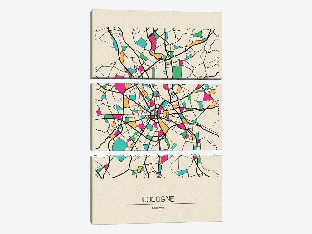 Cologne, Germany Map by Ayse Deniz Akerman 3-piece Art Print