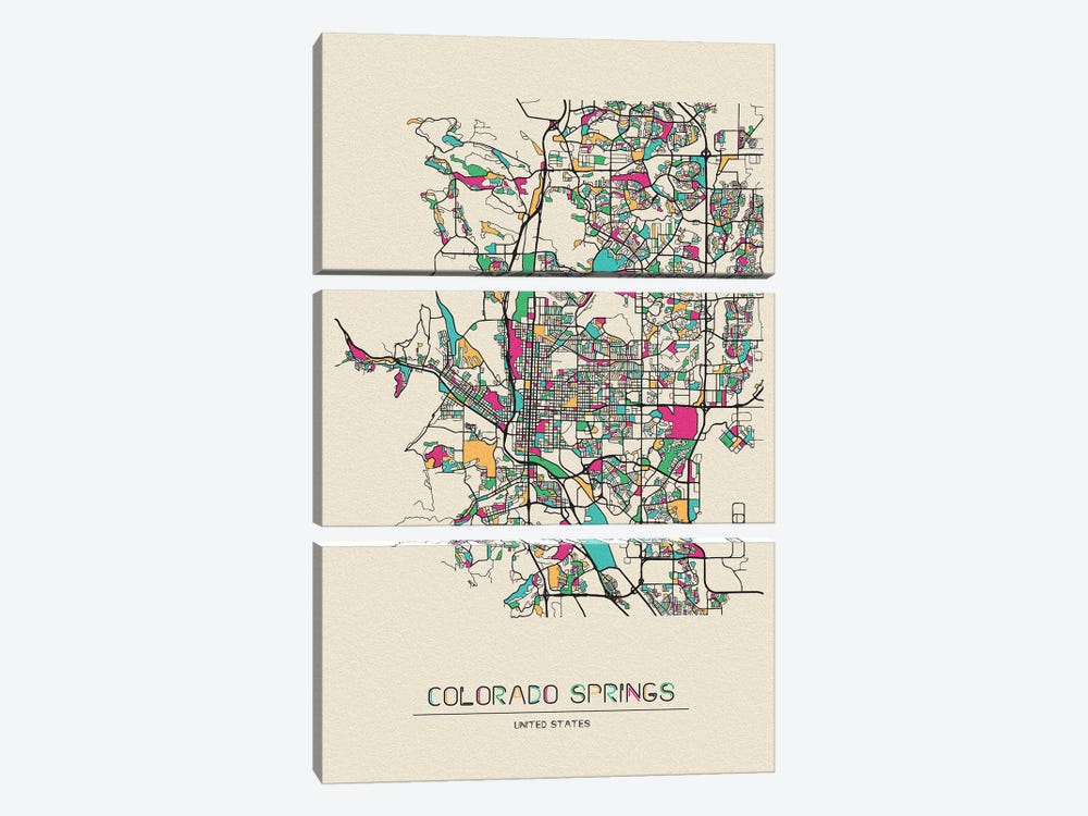 Colorado Springs, Colorado Map by Ayse Deniz Akerman 3-piece Canvas Artwork