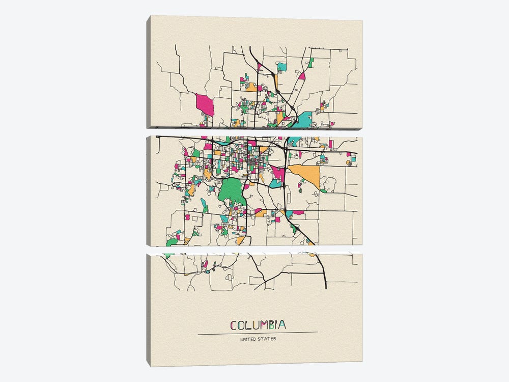Columbia, Missouri Map by Ayse Deniz Akerman 3-piece Canvas Art Print