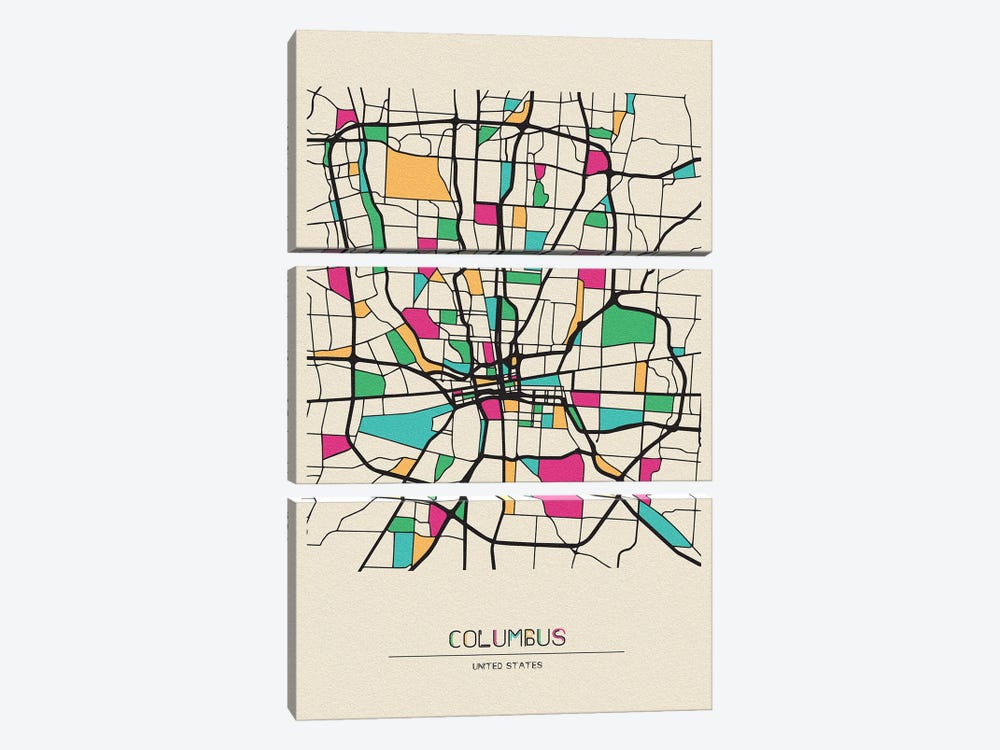 Columbus, Ohio Map by Ayse Deniz Akerman 3-piece Canvas Art