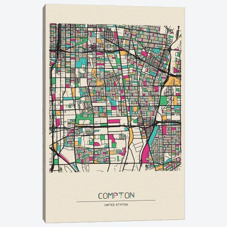 Compton, California Map Canvas Print #ADA207} by Ayse Deniz Akerman Canvas Wall Art