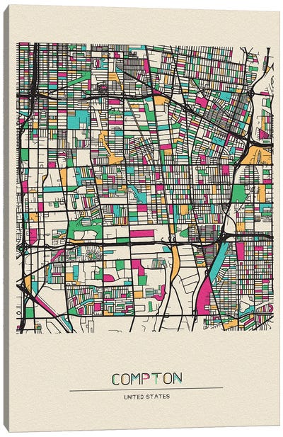 Compton, California Map Canvas Art Print - Ayse Deniz Akerman