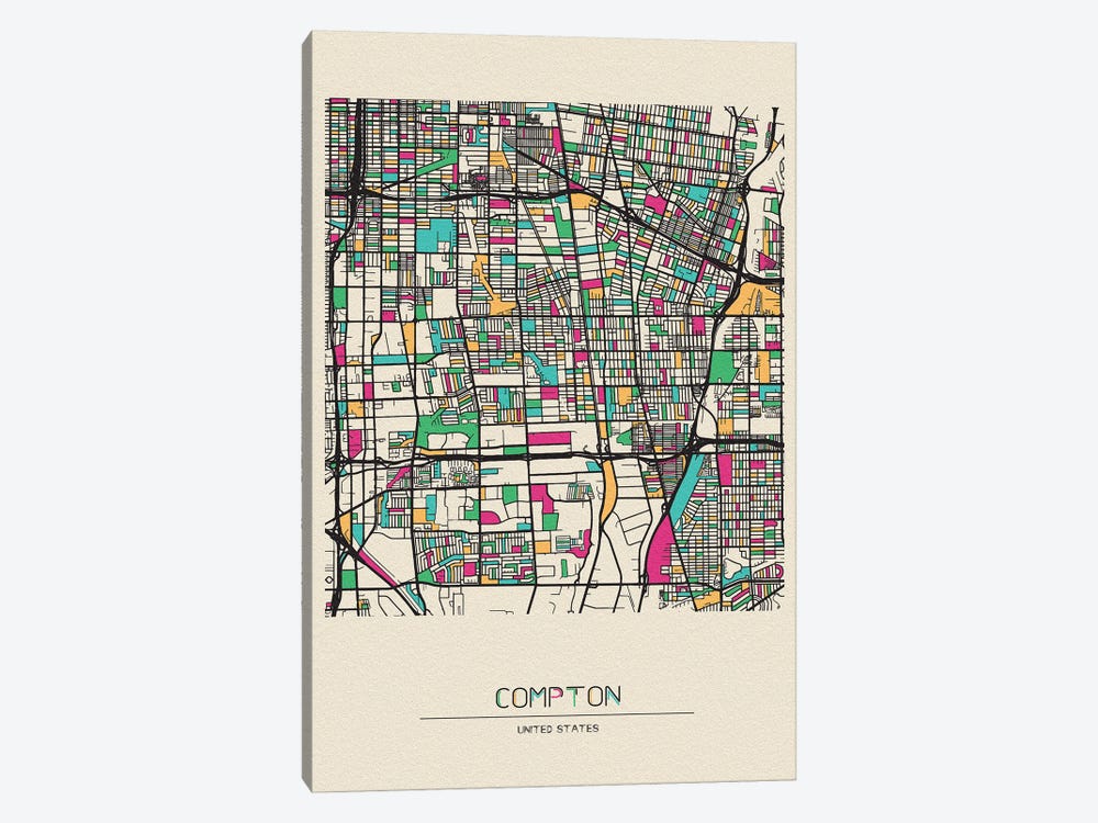 Compton, California Map by Ayse Deniz Akerman 1-piece Canvas Print