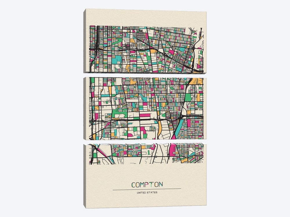 Compton, California Map by Ayse Deniz Akerman 3-piece Canvas Art Print
