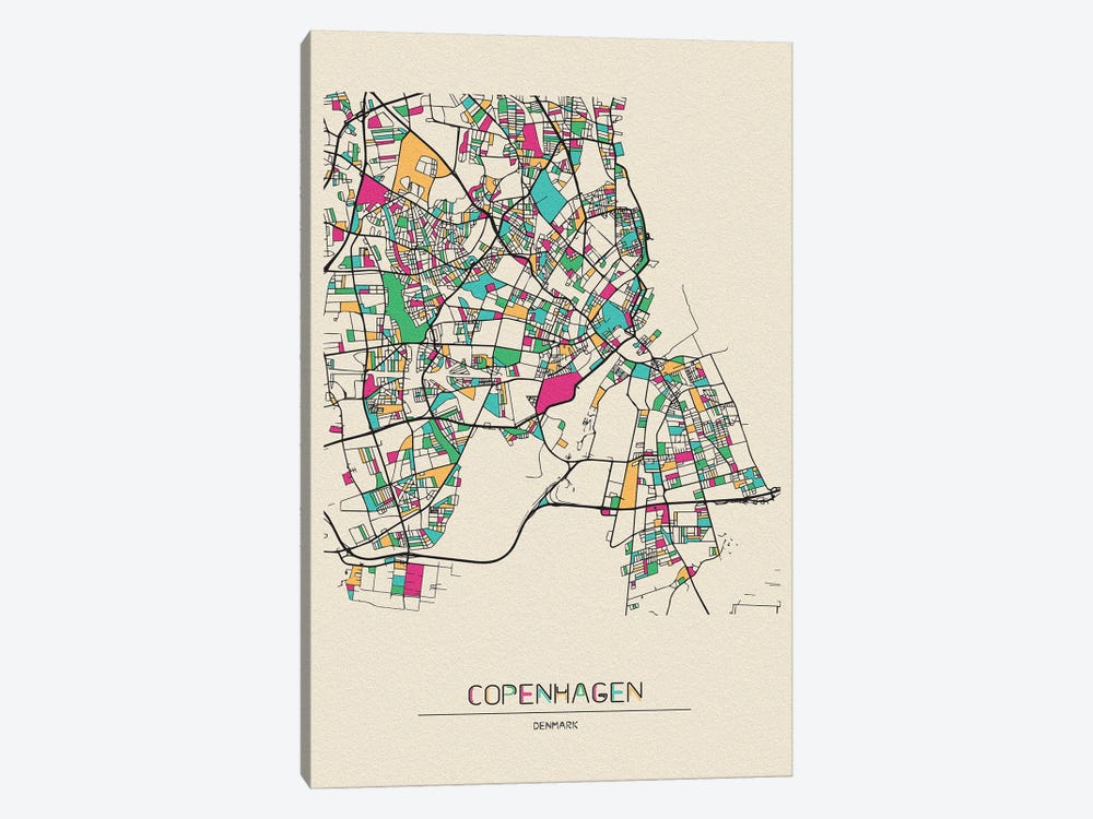 Copenhagen, Denmark Map by Ayse Deniz Akerman 1-piece Canvas Wall Art