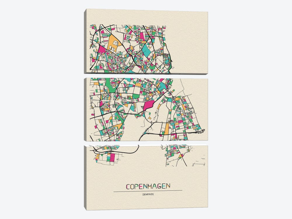 Copenhagen, Denmark Map by Ayse Deniz Akerman 3-piece Canvas Wall Art