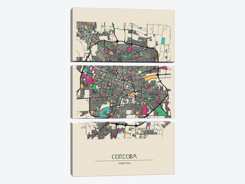 Cordoba, Argentina Map by Ayse Deniz Akerman 3-piece Canvas Print