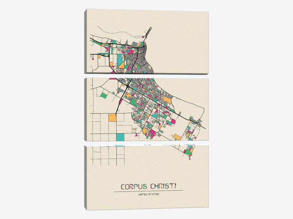 Corpus Christi, Texas Map by Ayse Deniz Akerman 3-piece Canvas Print