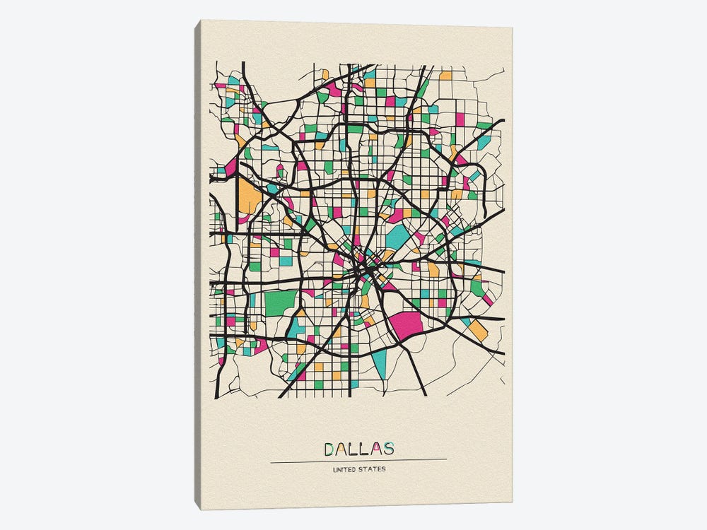 Dallas, Texas Map by Ayse Deniz Akerman 1-piece Canvas Print