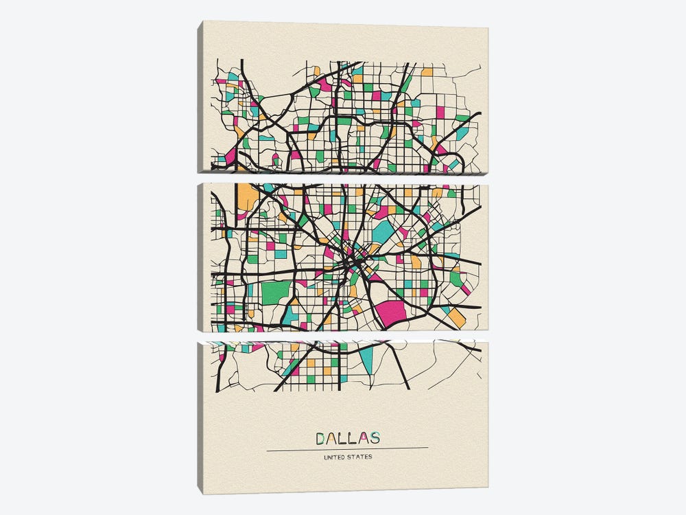 Dallas, Texas Map by Ayse Deniz Akerman 3-piece Art Print