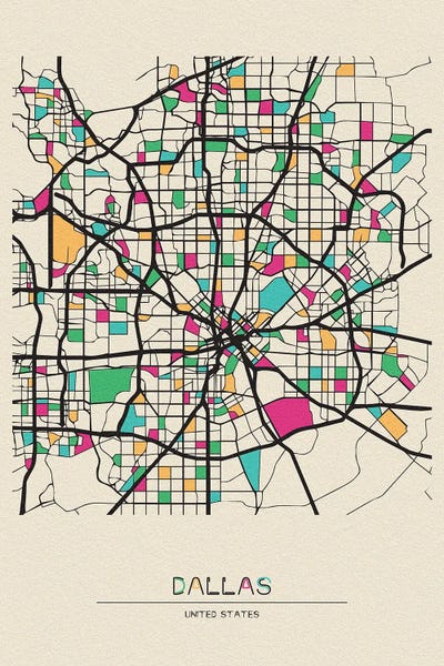 Large Map Art - Canvas Prints: Dallas, Texas Map by Ayse Deniz Akerman