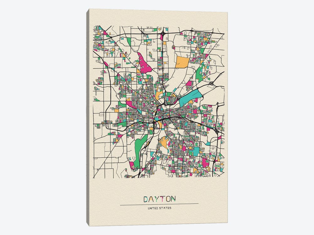 Dayton, Ohio Map by Ayse Deniz Akerman 1-piece Canvas Art Print