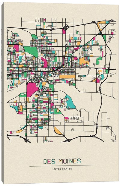 Des Moines, Iowa Map Canvas Art Print - Ayse Deniz Akerman