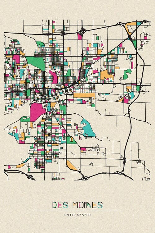 Des Moines, Iowa Map by Ayse Deniz Akerman wall art