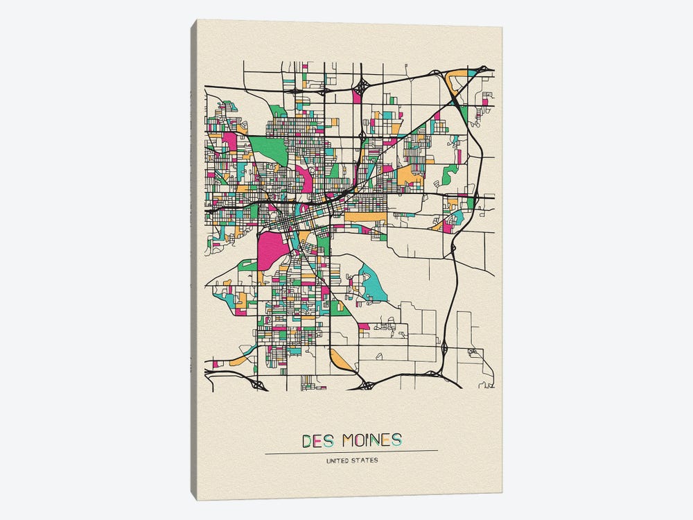 Des Moines, Iowa Map by Ayse Deniz Akerman 1-piece Canvas Print