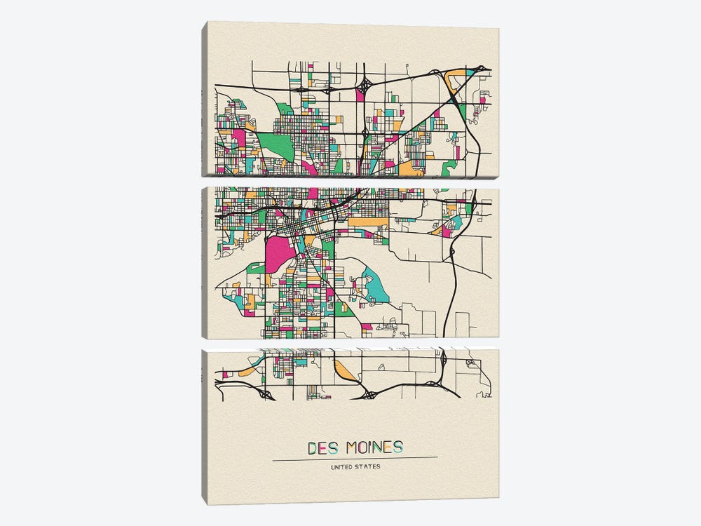 Des Moines, Iowa Map by Ayse Deniz Akerman 3-piece Art Print