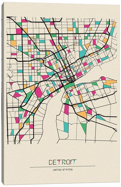 Detroit, Michigan Map Canvas Art Print - Ayse Deniz Akerman