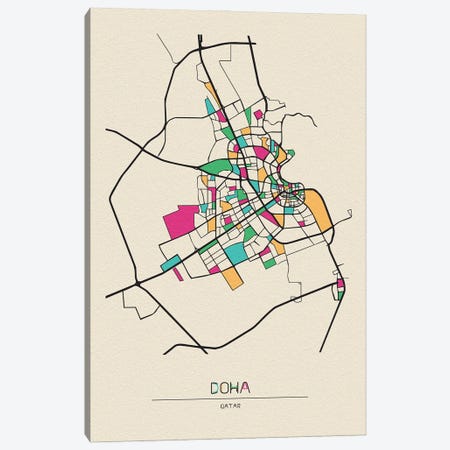 Doha, Qatar Map Canvas Print #ADA218} by Ayse Deniz Akerman Canvas Art