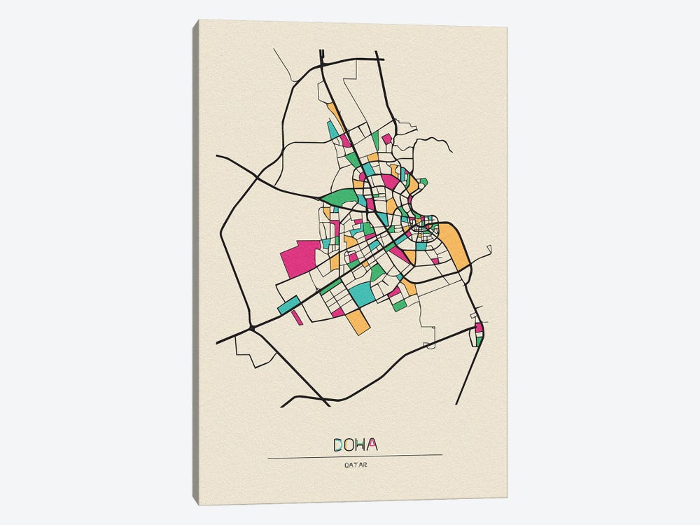 Doha, Qatar Map by Ayse Deniz Akerman 1-piece Canvas Art Print