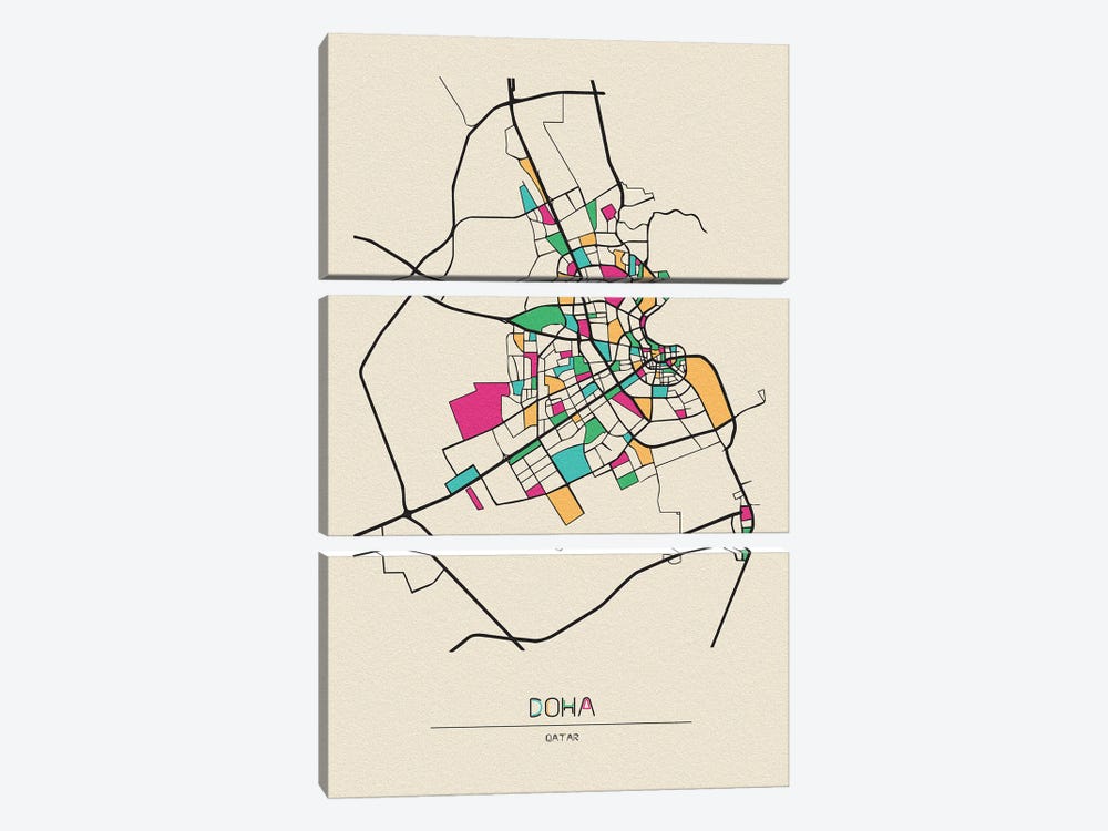Doha, Qatar Map by Ayse Deniz Akerman 3-piece Canvas Print