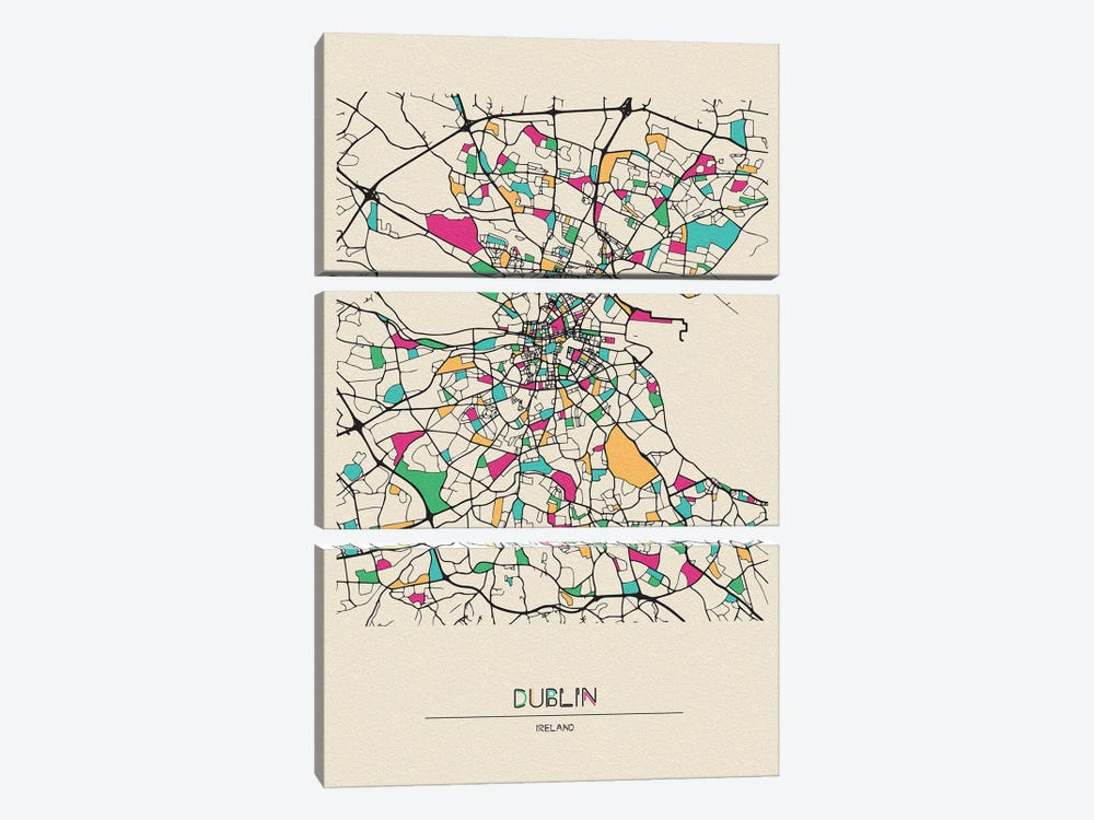 Dublin, Ireland Map by Ayse Deniz Akerman 3-piece Canvas Art Print