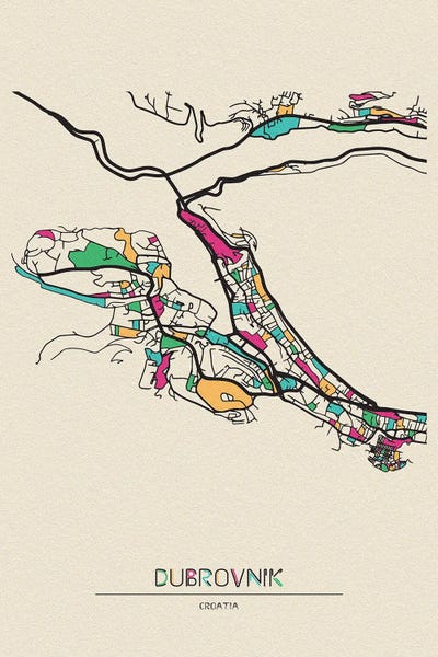 Dubrovnik, Croatia Map by Ayse Deniz Akerman framed canvas print