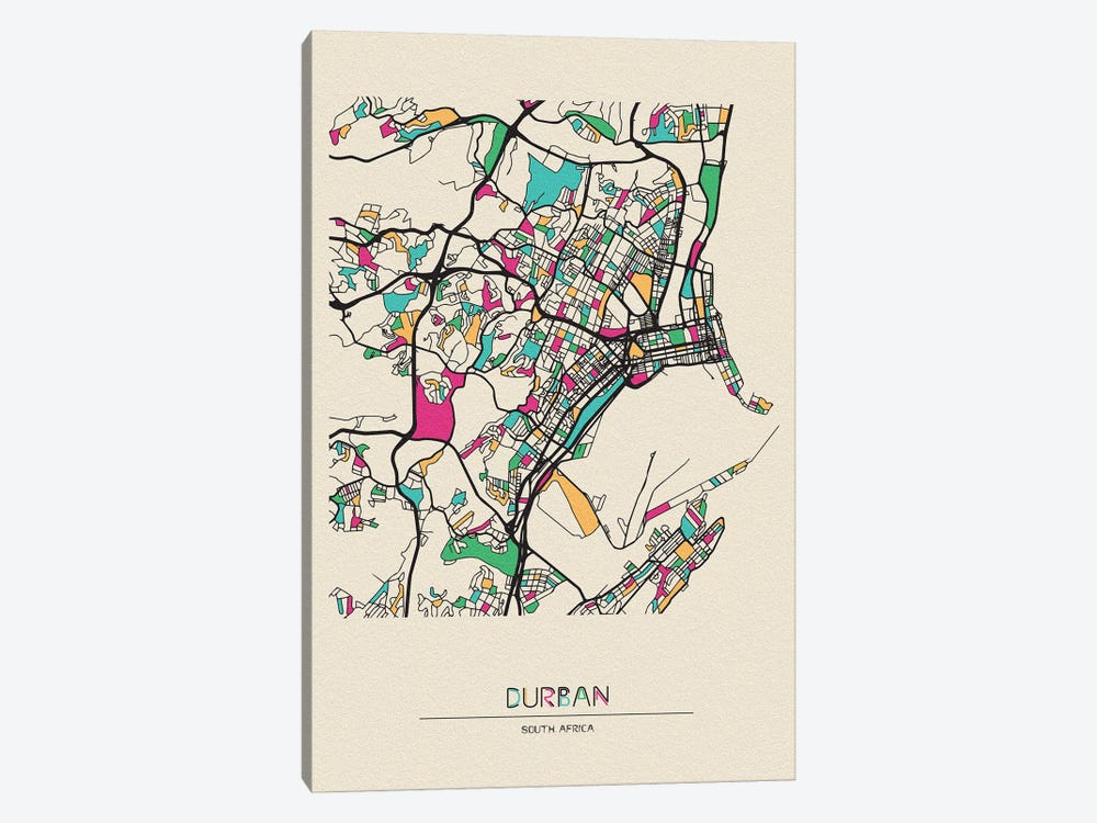 Durban, South Africa Map by Ayse Deniz Akerman 1-piece Canvas Art Print