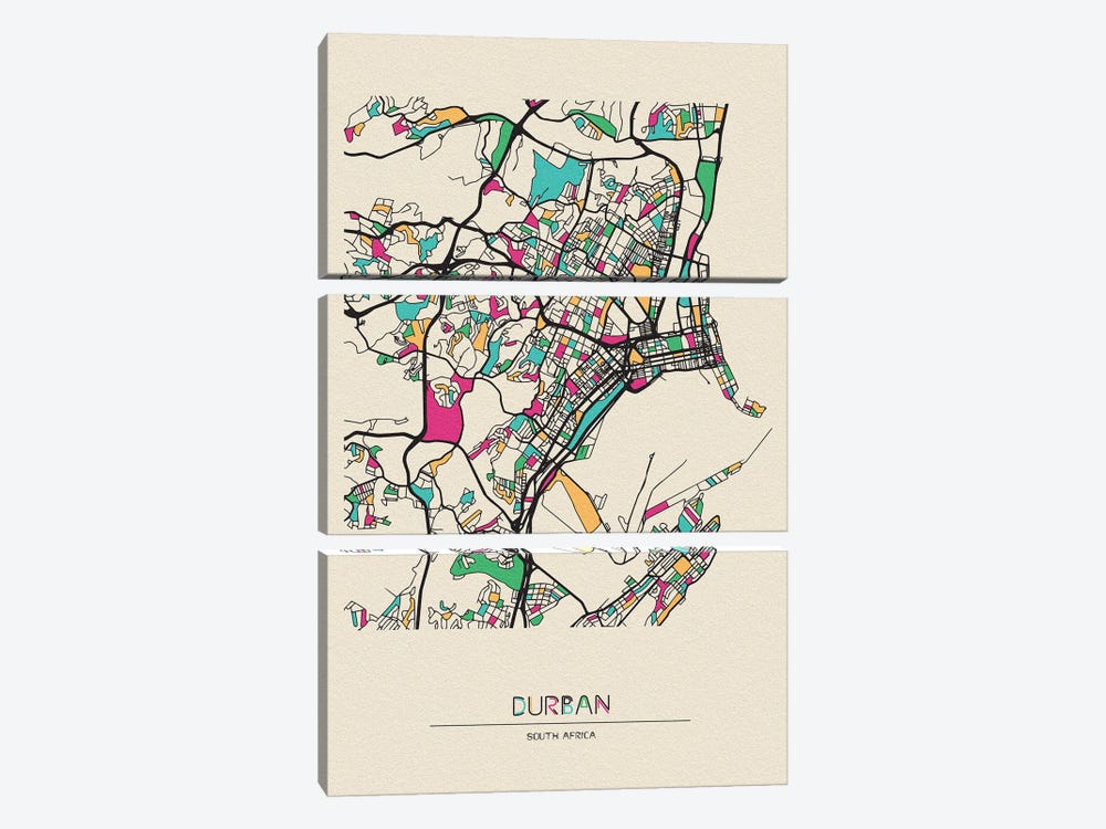 Durban, South Africa Map by Ayse Deniz Akerman 3-piece Art Print