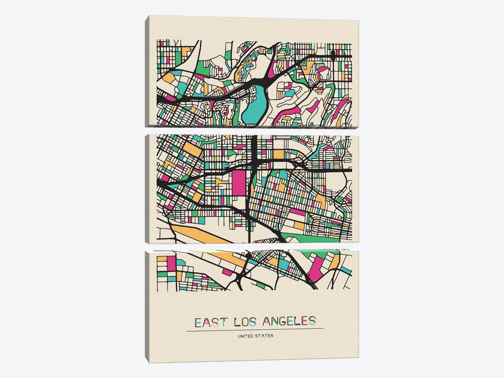 East Los Angeles, California Map by Ayse Deniz Akerman 3-piece Canvas Art