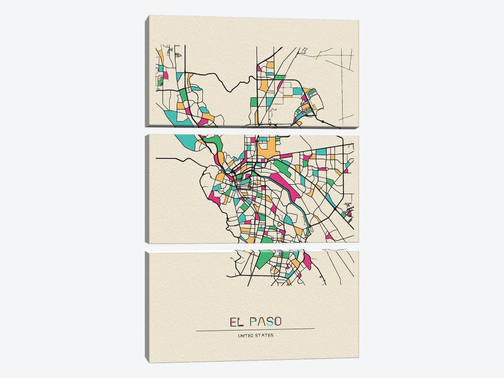 El Paso, Texas Map by Ayse Deniz Akerman 3-piece Art Print