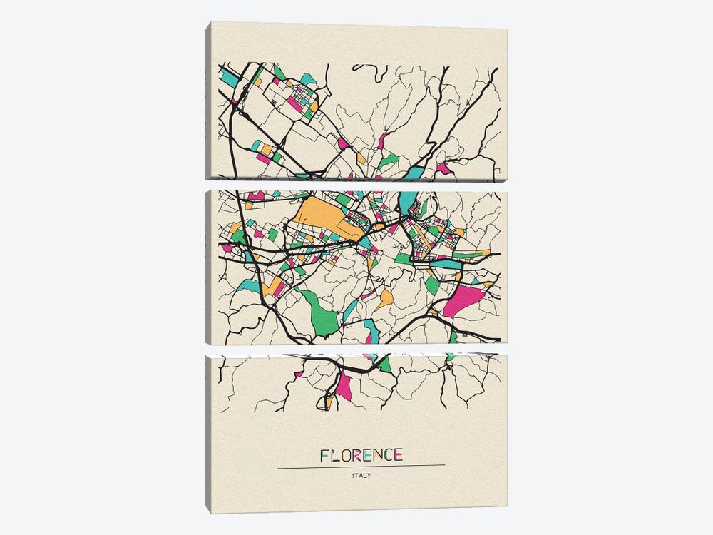 Florence, Italy Map by Ayse Deniz Akerman 3-piece Canvas Art Print