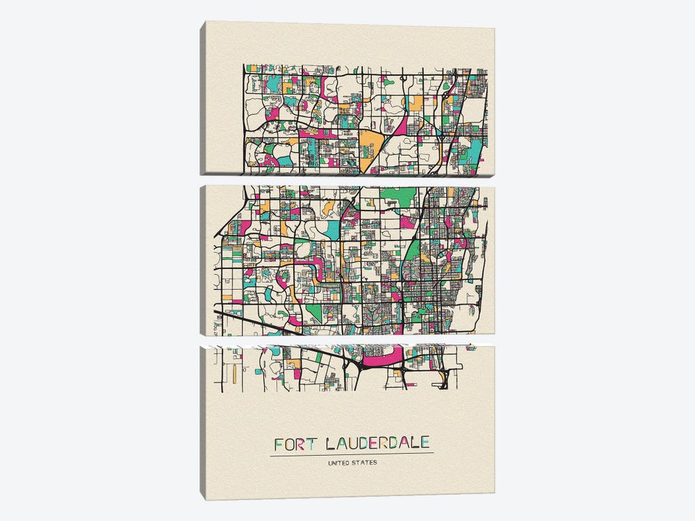 Fort Lauderdale, Florida Map by Ayse Deniz Akerman 3-piece Canvas Artwork