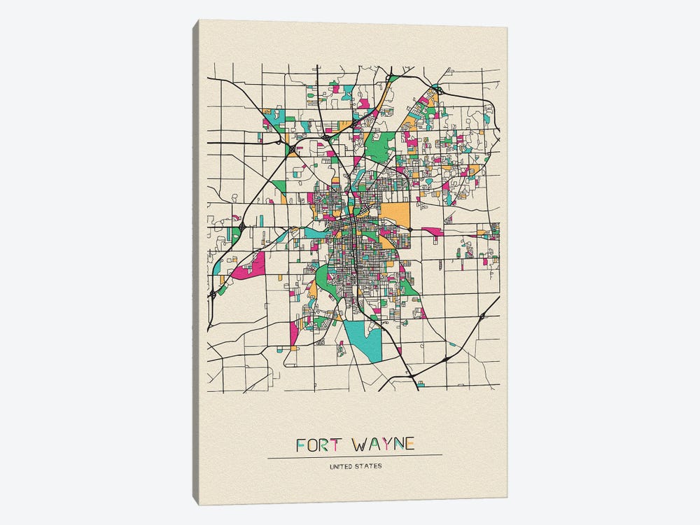 Fort Wayne, Indiana Map by Ayse Deniz Akerman 1-piece Canvas Art Print