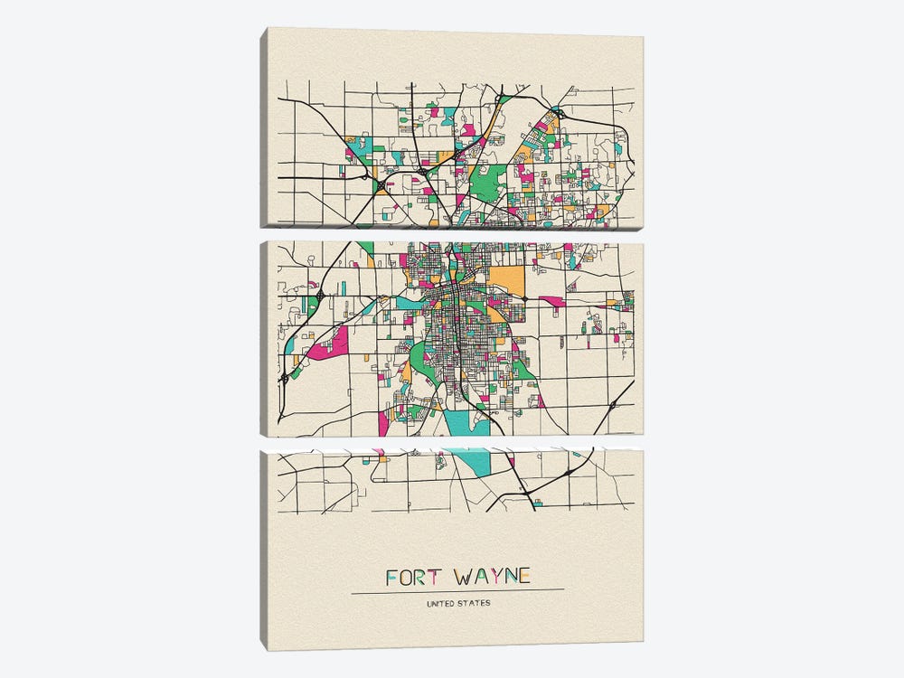 Fort Wayne, Indiana Map by Ayse Deniz Akerman 3-piece Canvas Art Print
