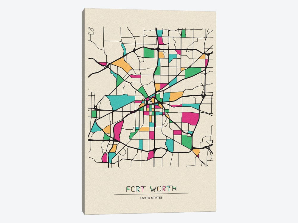 Fort Worth, Texas Map by Ayse Deniz Akerman 1-piece Canvas Artwork