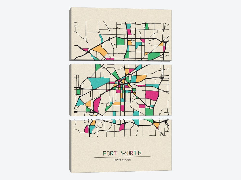 Fort Worth, Texas Map by Ayse Deniz Akerman 3-piece Canvas Artwork