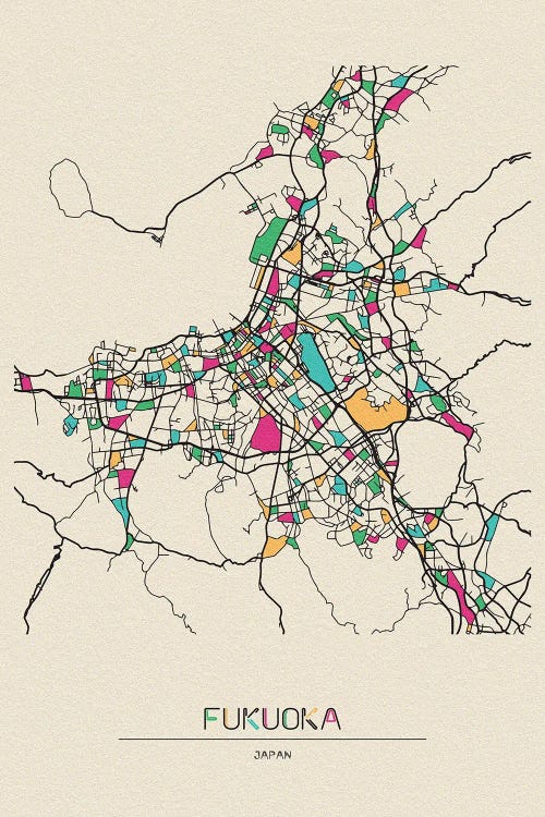 Fukuoka, Japan Map by Ayse Deniz Akerman wall art