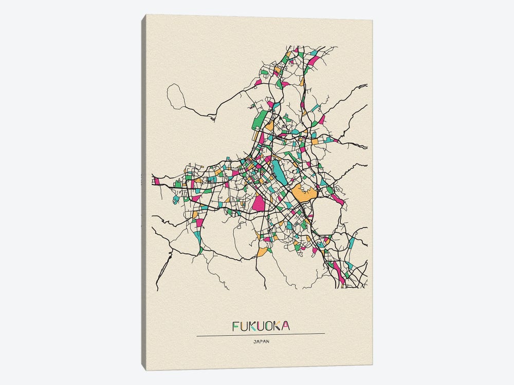 Fukuoka, Japan Map by Ayse Deniz Akerman 1-piece Canvas Art Print