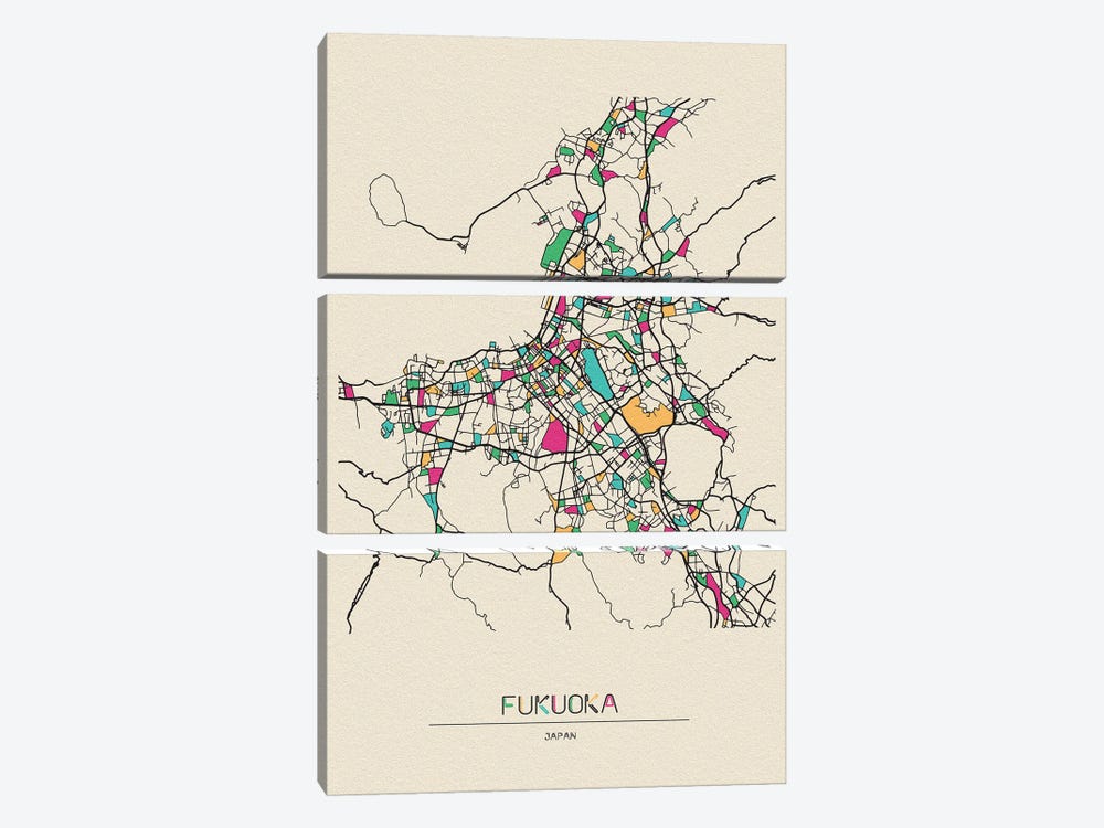 Fukuoka, Japan Map by Ayse Deniz Akerman 3-piece Canvas Art Print