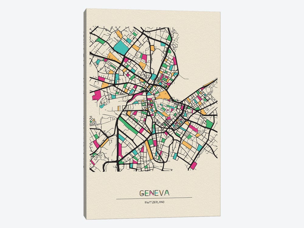 Geneva, Switzerland Map by Ayse Deniz Akerman 1-piece Canvas Artwork