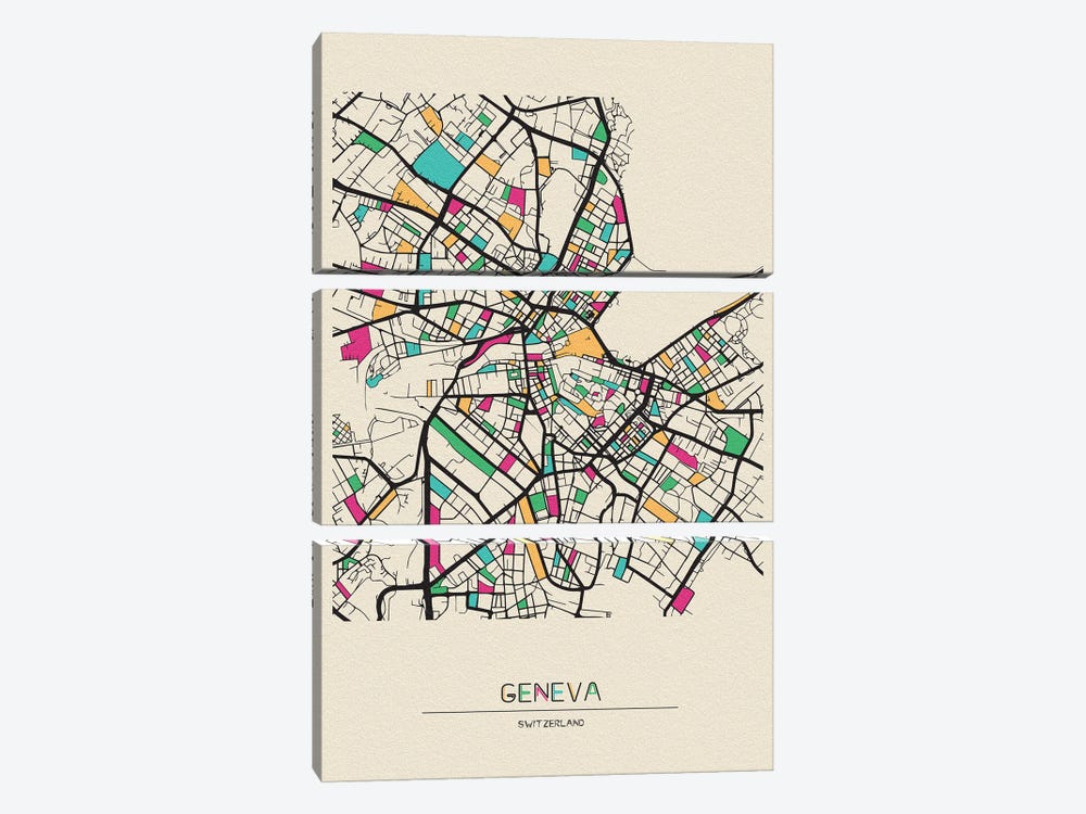 Geneva, Switzerland Map by Ayse Deniz Akerman 3-piece Canvas Artwork