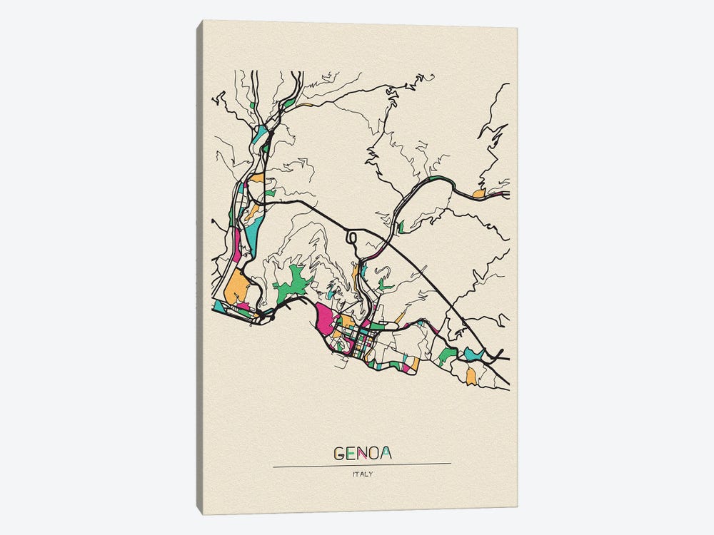 Genoa, Italy Map by Ayse Deniz Akerman 1-piece Canvas Art Print