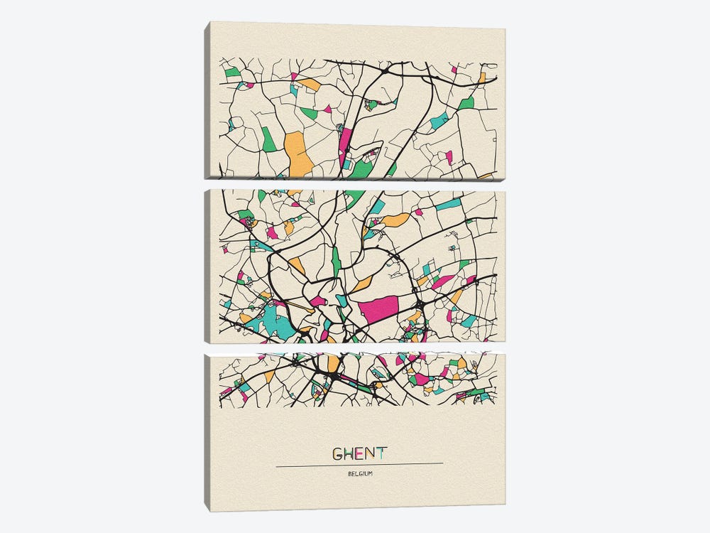 Ghent, Belgium Map by Ayse Deniz Akerman 3-piece Canvas Art